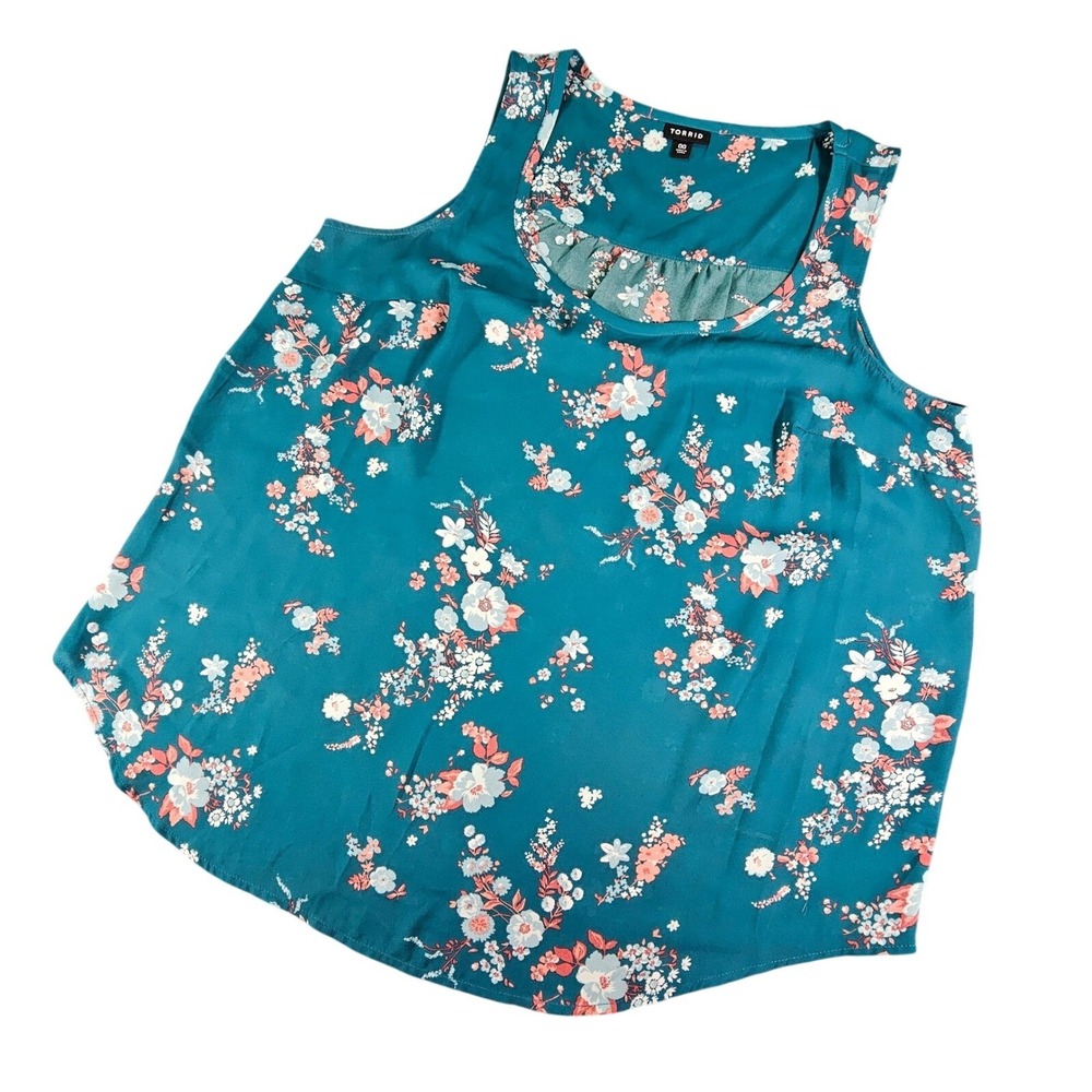 Torrid Floral Print Contrast Sleeveless Top - Teal Japanese Floral Satin Size 00